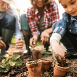 Senior and family gardening in the yard